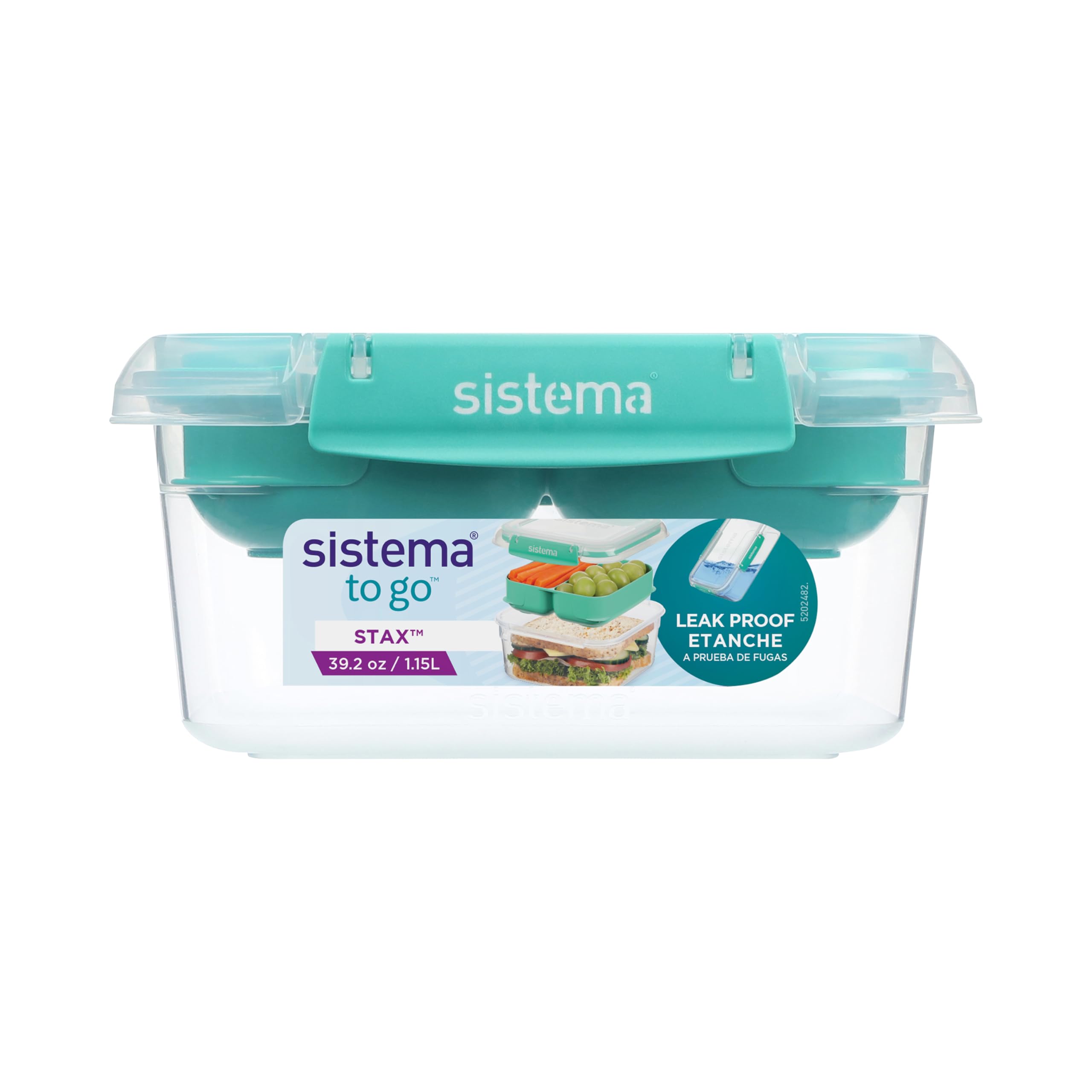 Sistema Stax To Go - Contenitore per alimenti quadrato, 1,15 l, ermetico, a tenuta stagna, stile bento box con doppio vassoio, realizzato con materiale per uso alimentare, blu o verde acqua (colore