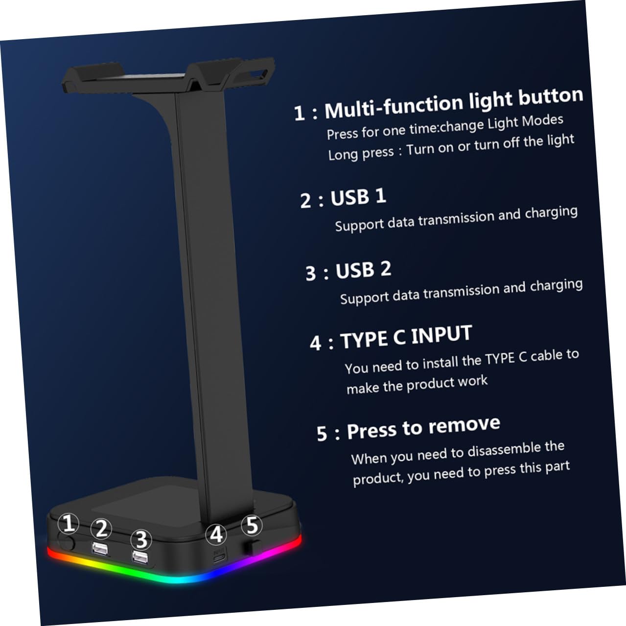 2 Piezas Soporte para Auriculares Gaming con Iluminación RGB y Base de Carga USB Tipo- Estable y Antideslizante con Doble Puerto USB para Datos Escritorio Compatible con Pc y