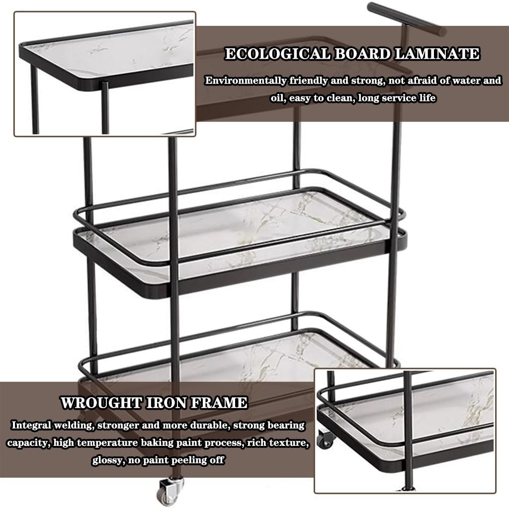 Carrello per bevande a 3 livelli con ruote freno e maniglie, elegante carrello in ferro ed ecologico, per hotel, ristoranti e uso domestico (nero bianco)