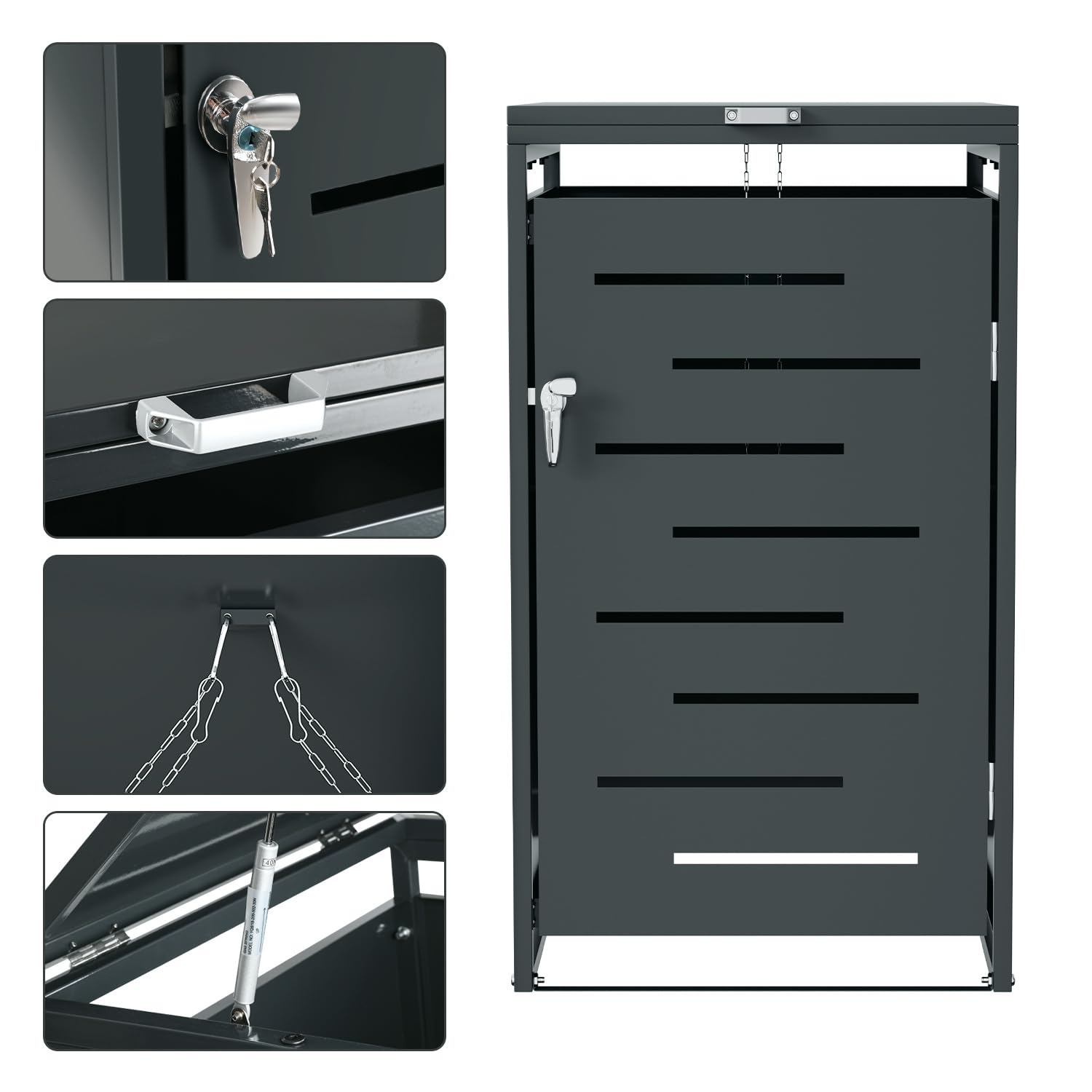 Mülltonnenbox 1er für 120L/240L, Mülltonnenverkleidung aus Pulverbeschichtetem Metall, Abschließbar, Wetterfest, mit Gasdruckdämpfern, Anthrazit