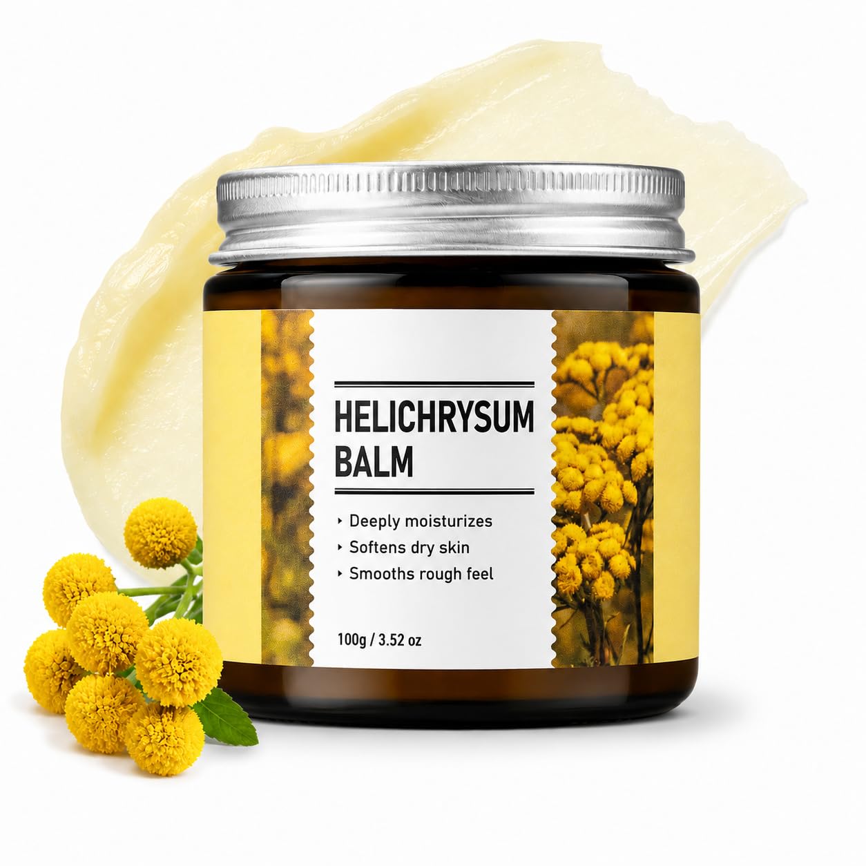 Helichrysum Balm 3.52oz - Helichrysum Italicum Skin Repair Cream with Shea Butter, Jojoba & Almond Oil - Moisturizing Balm for Dry, Sensitive & Mature Skin - Face, Body, Hands, Elbows & Feet