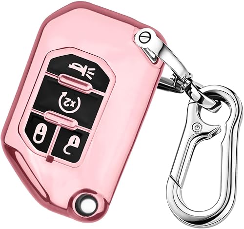 QBUC Funda para llavero Jeep con llavero, protector de llave abatible para Jeep Wrangler JLU JL Gladiator Rubicon JT 4 botones, Rosado