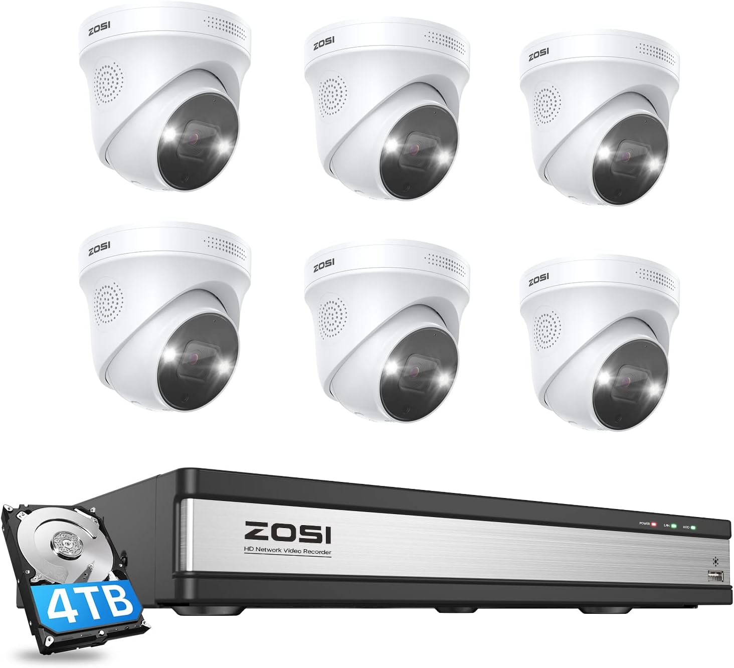 ZOSI 4K 16CH Spotlight PoE Home Security Camera System,6pcs 4K Outdoor PoE IP Cameras,2-Way Talk,Color Night Vision,Human Detection,16Channel 8MP NVR Recorder with 4TB HDD for 24/7 Recording
