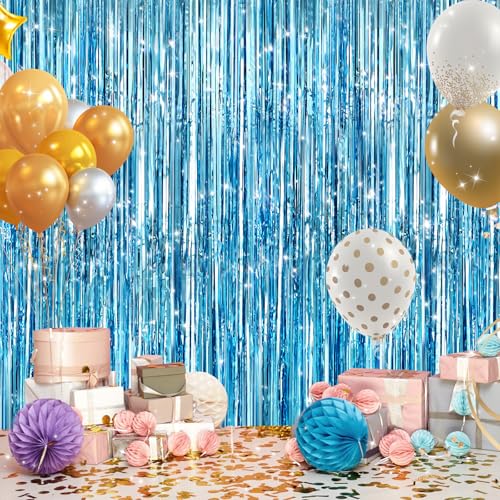 Image of GCB 2Pack Blue Metallic Tinsel Foil Fringe Curtains, Blue Door Streamers Photo Booth Backdrop for Birthday Party, Tinsel Curtain Backdrop for Baby Shower Bachelorette Xmas Party Decorations