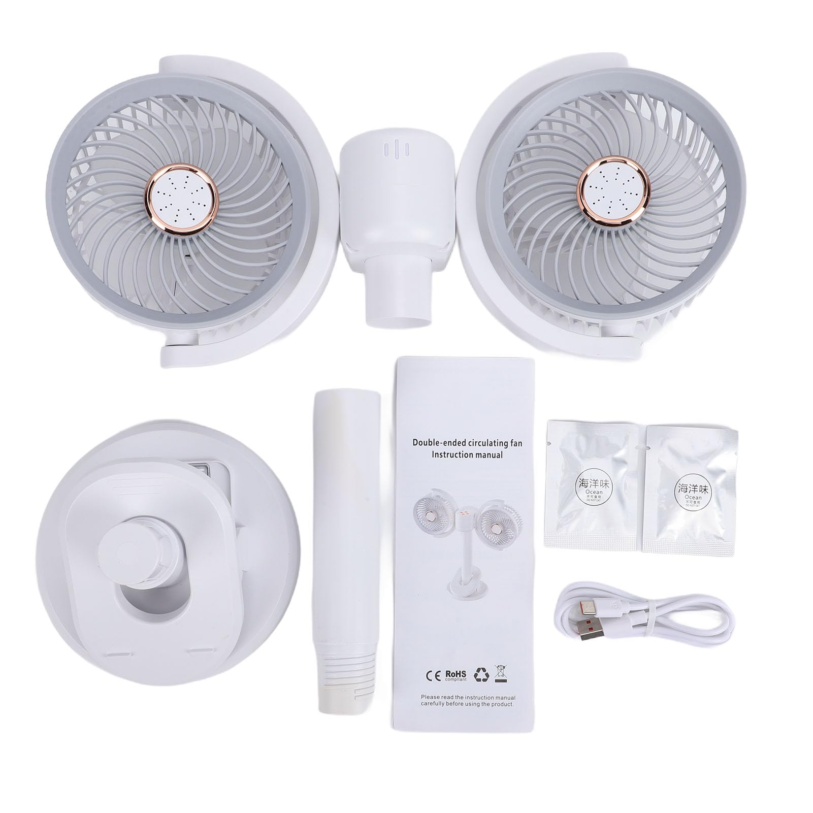 Ventilatore da Tavolo Ricaricabile con Doppia Testa, 2400mAh con | Ventilatore portatile con clip personale, ricaricabile tramite USB, ruotabile a 360°, per auto, letto, ufficio, campeggio,