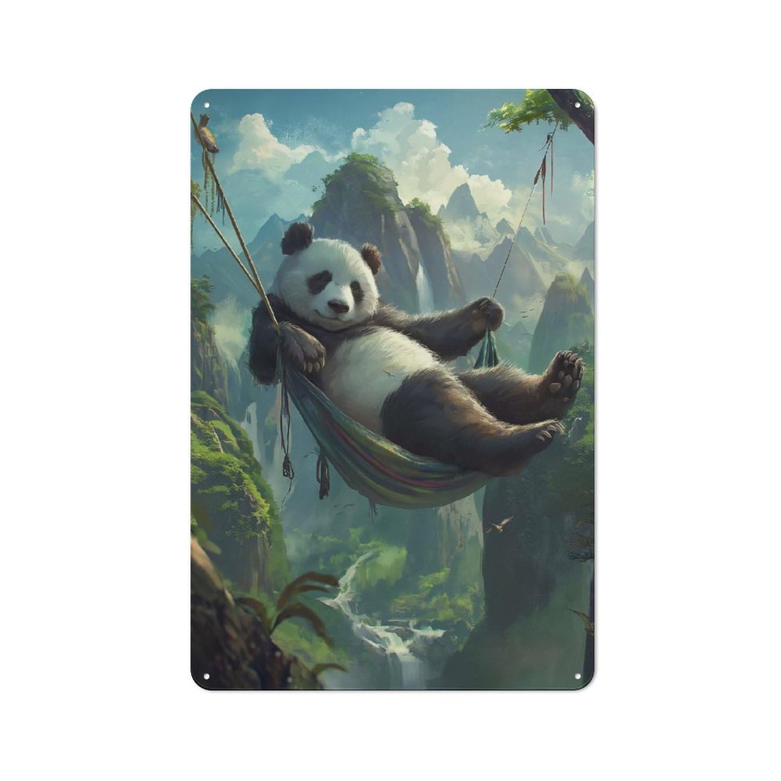 Junmoney Style-16 Panda Hammock Mountains Cottage Style Metal Wall Decor 30X20cm, Farmhouse Metal Sign For Kitchen, Cottage, Porch Or Garden Room