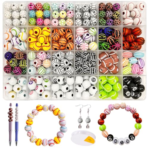 406 Pcs Sports Ball Beads for Jewelry Making Baseball Softball Volleyball Basketball Football Soccer Acrylic Sports Beads Bulk with Stretch String for DIY Crafts Necklaces Bracelets Key Chains
