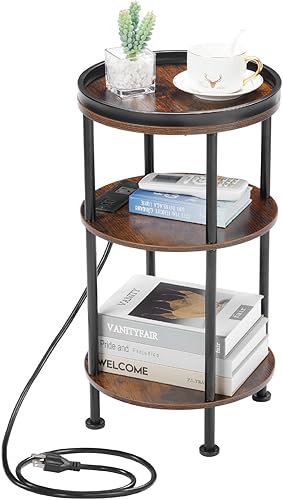 Mesa auxiliar redonda pequeña con estación de carga para espacio estrecho y pequeño, sofá de 3 niveles con puertos USB y tomas de corriente, mesa