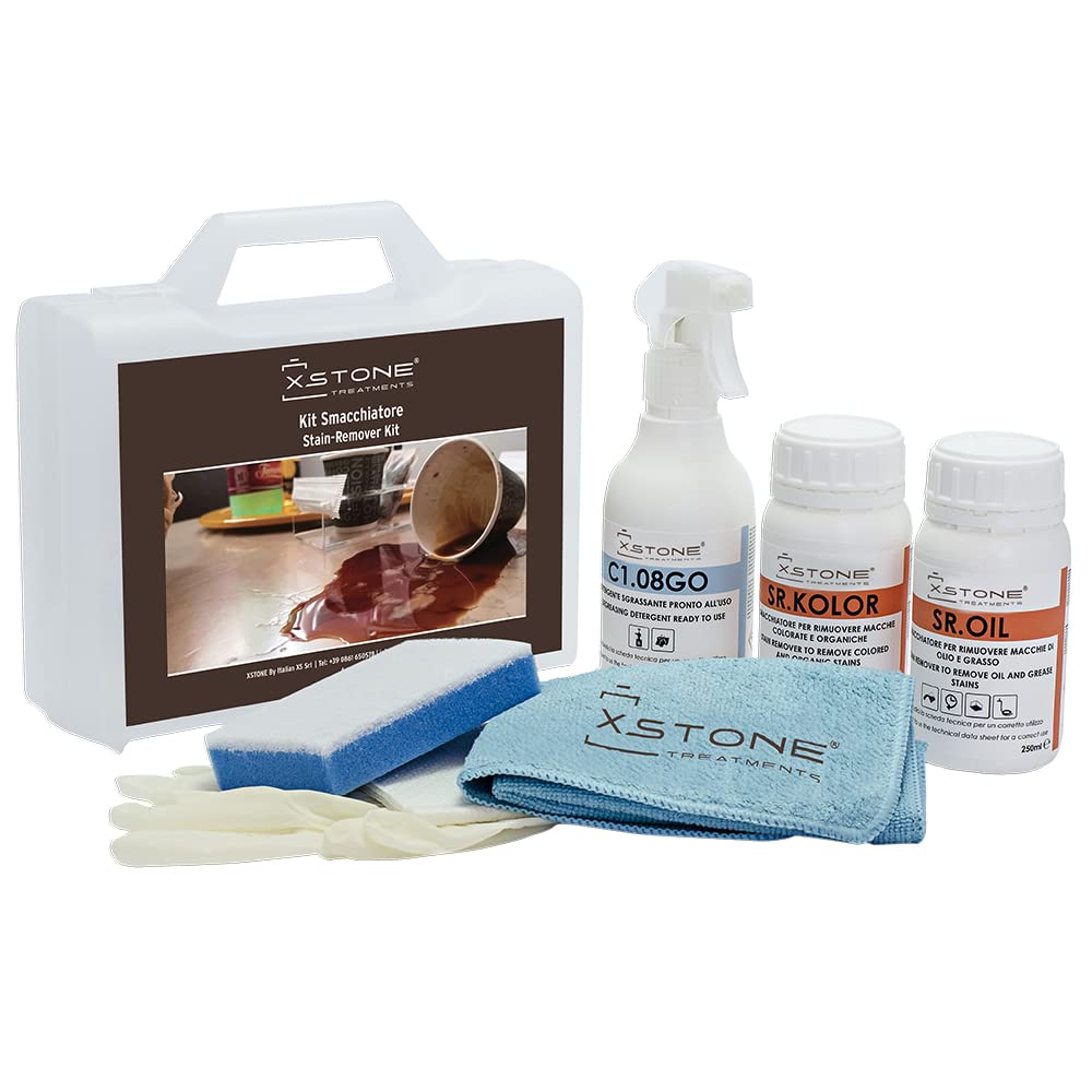 KIT SMACCHIATORE per rimuovere MACCHIE ORGANICHE di Caffè, Vino ecc. MACCHIE di Olio e Grassi su superfici in pietra naturale. Con Sgrassante e accessori inclusi.