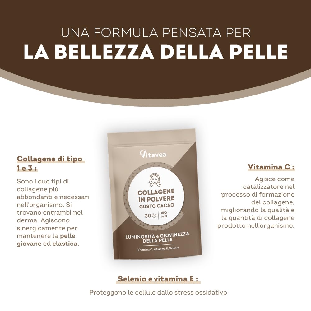 Vitavea Collagene Cacao Doypack - 2500 mg di Collagene Marino Idrolizzato Tipo 1 e 3 - Con Vitamina C, E, Selenio - Azione Antirughe - Pelle Luminosa - Gusto Cacao -150 g