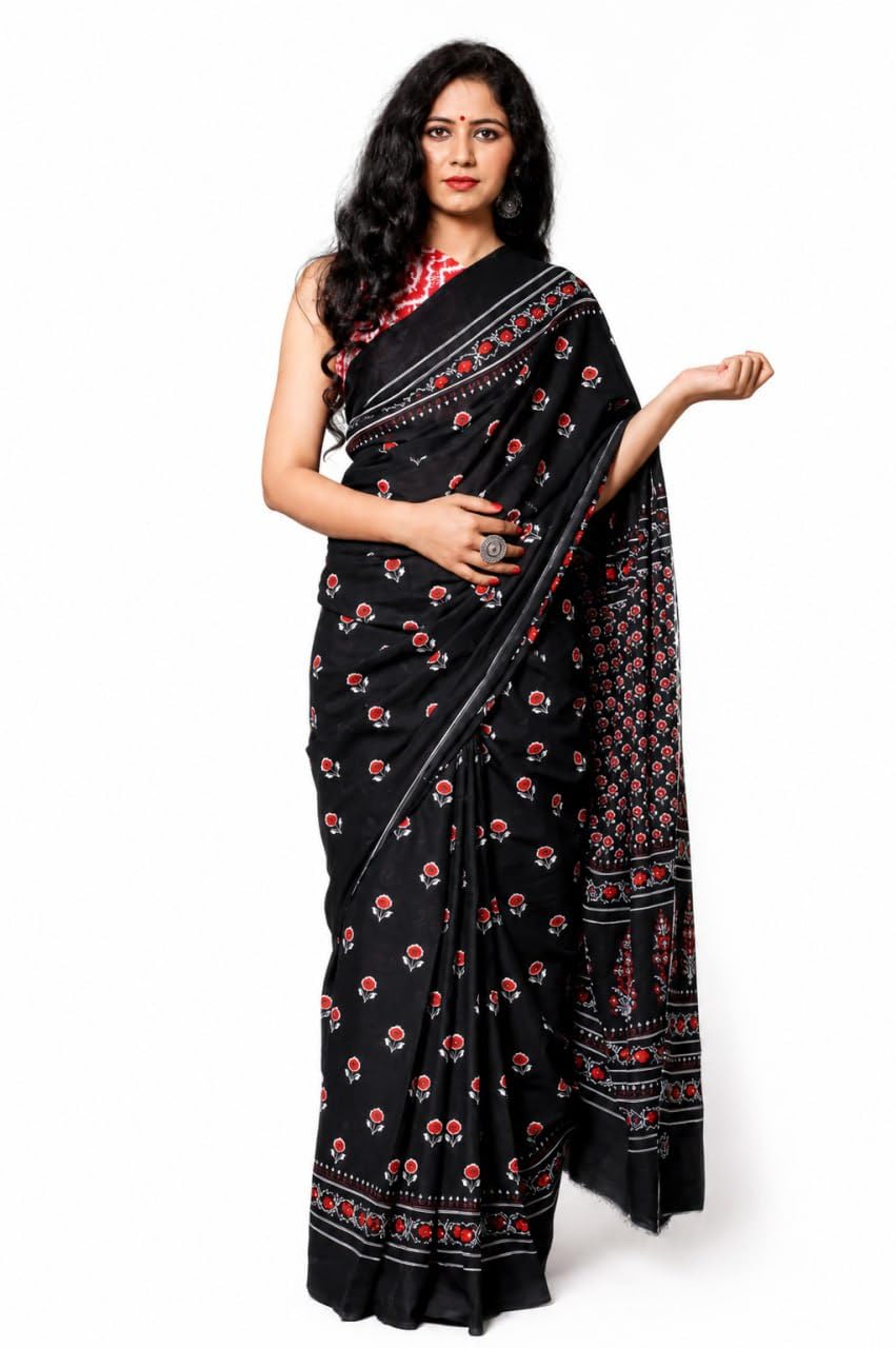 Pure Cotton Saree for Women Hand Block Printed Traditional Handloom Soft Lightweight Floral Fancy Festival Ethnic Daily Wear Saree with Blouse Piece Black Red-picture-16