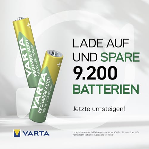 VARTA Batterien AAA, wiederaufladbar, 4 Stück, Recharge Accu Recycled, Akku, 800 mAh Ni-MH, aus 21% recyceltem Material, vorgeladen, sofort einsatzbereit