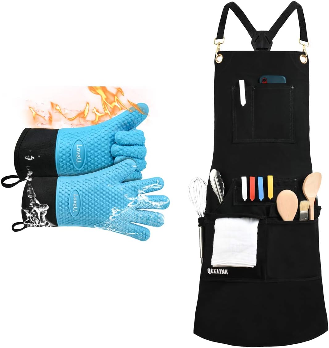 Oven Gloves with Chef Apron - Heat Resistant Oven Mitts with Waterproof Apron - Perfect for Baking, Grilling and Kitchen, Blue, One Size Fit Most