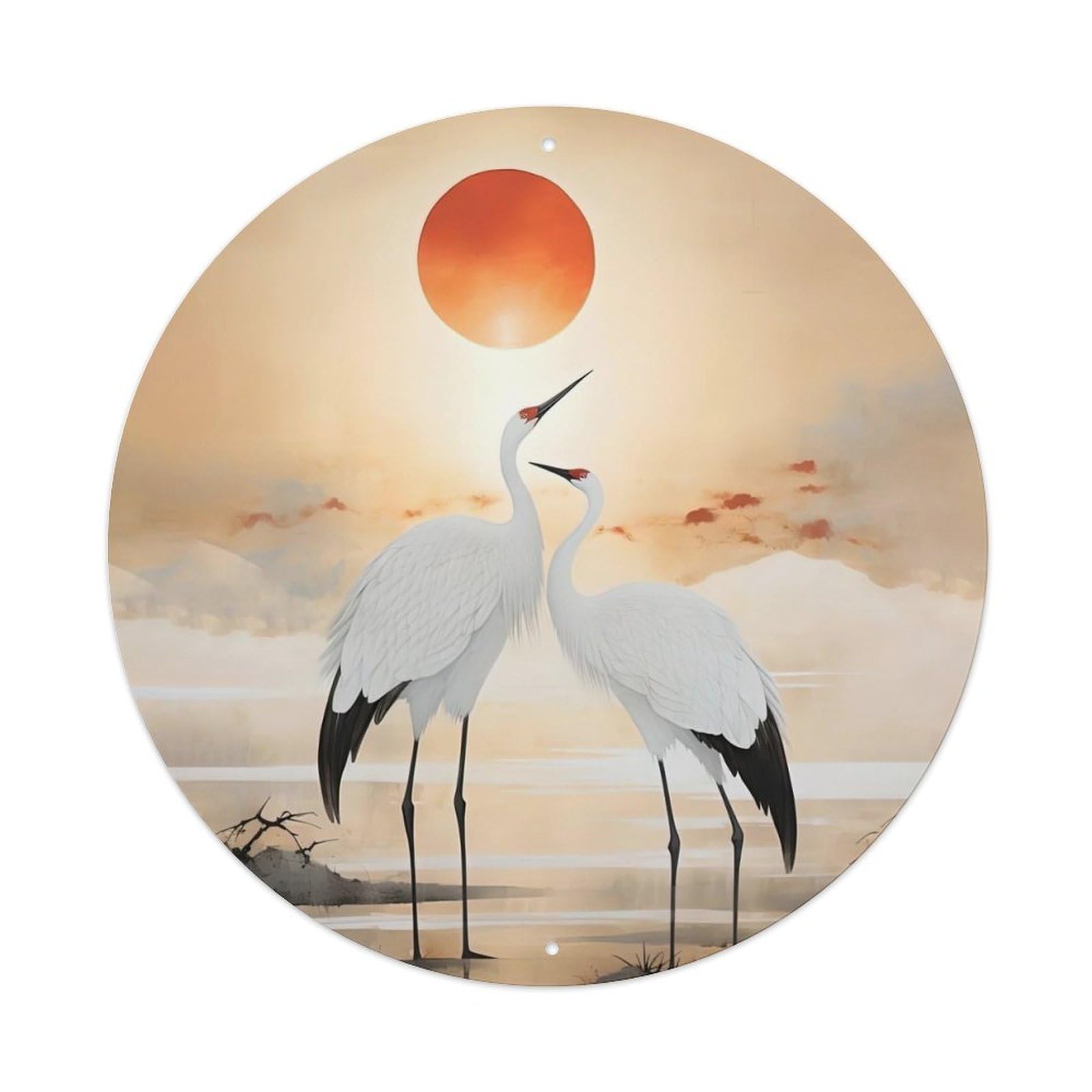 Animal Birds Artwork Two White Cranes in The Sunset Vintage Metal Tin Sign Plaque Wall Decor for Cafe, Club Bar, Office, Garden Metal Poster 8x8Inch
