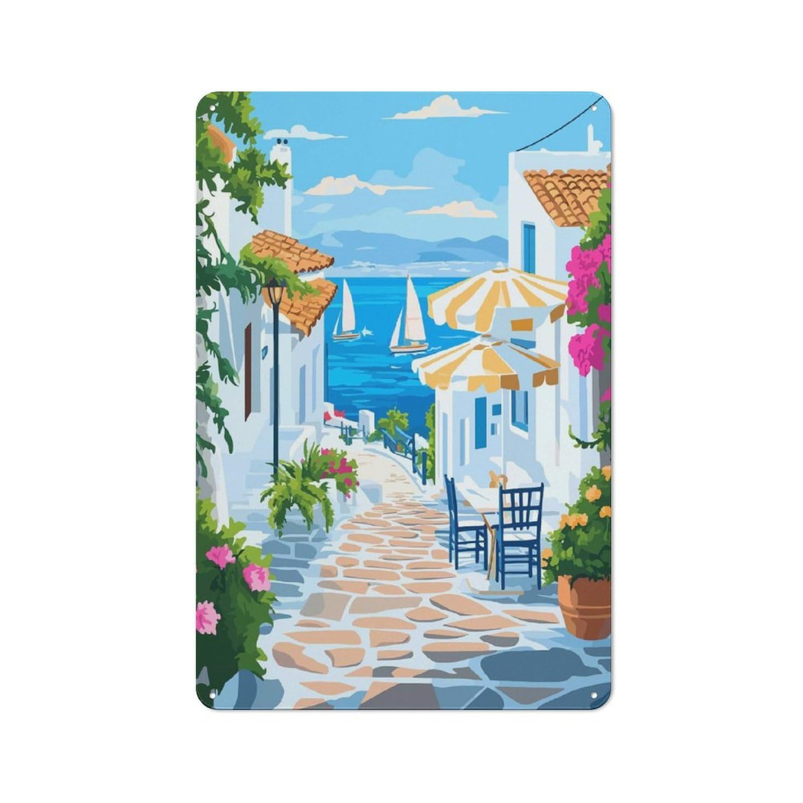 Junmoney Style-6 Rustic Tin Sign 30X20cm Featuring Greek Island Street Scene For Bar Or Restaurant, For Vintage Wall Decor Fans, For Themed Room Decoration