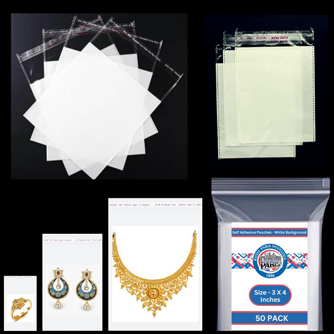 ROYAL PARIS Self Adhesive Resealable Pouch (50 Pouches - 3X4 Inches) White Background Plastic/Polythene BOPP,Seal King Bag,Cellophane bags | Pouches for Jewelry,Packing,Storage (3x4 Inches)