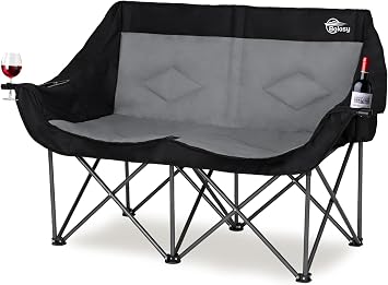 Bolosy Double Camping Chair Oversized Folding Loveseat Camping Couch | Duo Chair Heavy Duty 2 Person Camp Chair with Cup Holder Lawn Chair for Outdoot Camping Yard Sports, Supports 650 LBS, Black