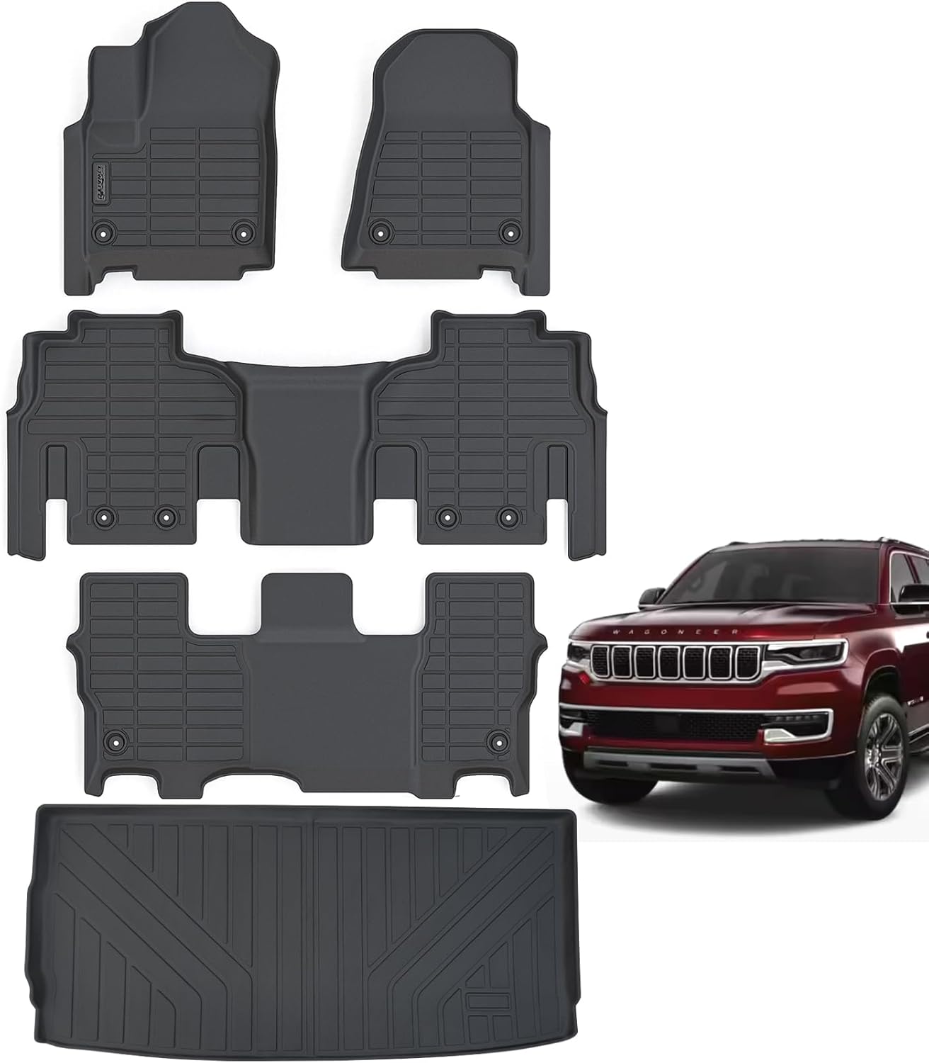 Floor Mats & Trunk Mat for Jeep Wagoneer 2022 2023 2024 2025 Only Filt 8 Seats Version(2 Row Bench Seats),TPE All Weather Protection 3 Rows Car Floor Liners with Cargo Liner