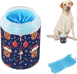 Portable Muddy Paw Cleaner Soft Silicone Brush Pets Cleaning Kit for Medium to Large Dogs, Christmas Navy Reindeer Snowflake Bauble