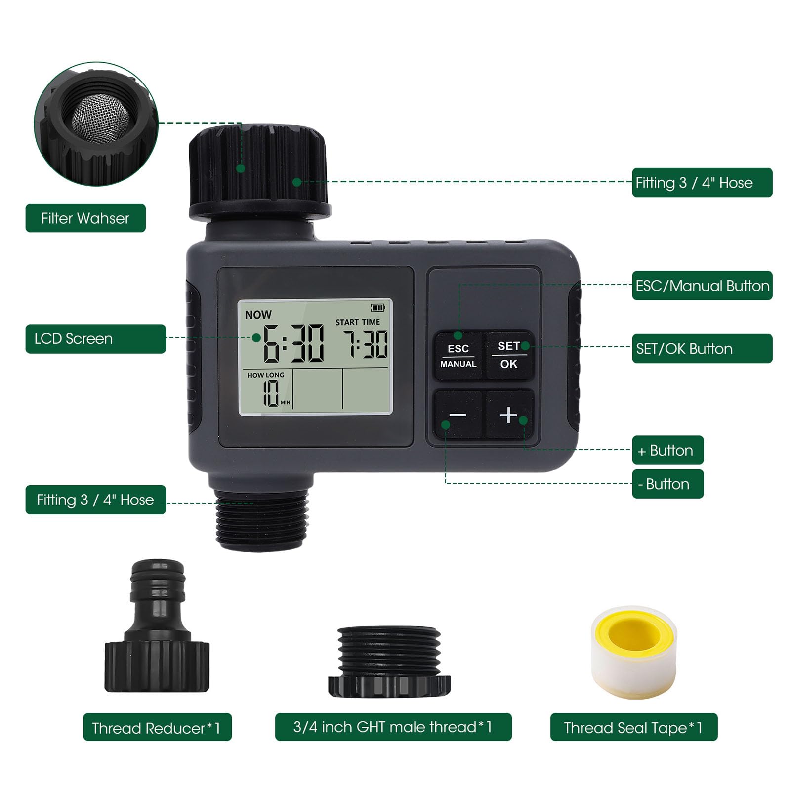 Programmatore Irrigazione Automatico per Giardino, Timer per Irrigazione LCD con Ritardo Pioggia, Impermeabile IPX5 per Rubinetto 3/4 Pollice, 0,5-8 Bar