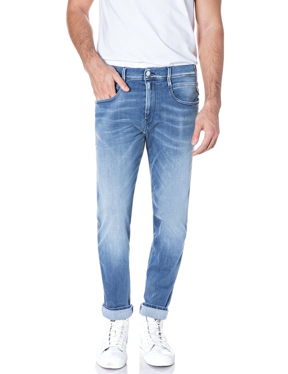 Replay Herren Jeans Anbass Slim-Fit Hyperflex White Shades mit Stretch, Light Blue 010 (Blau), 28W / 34L