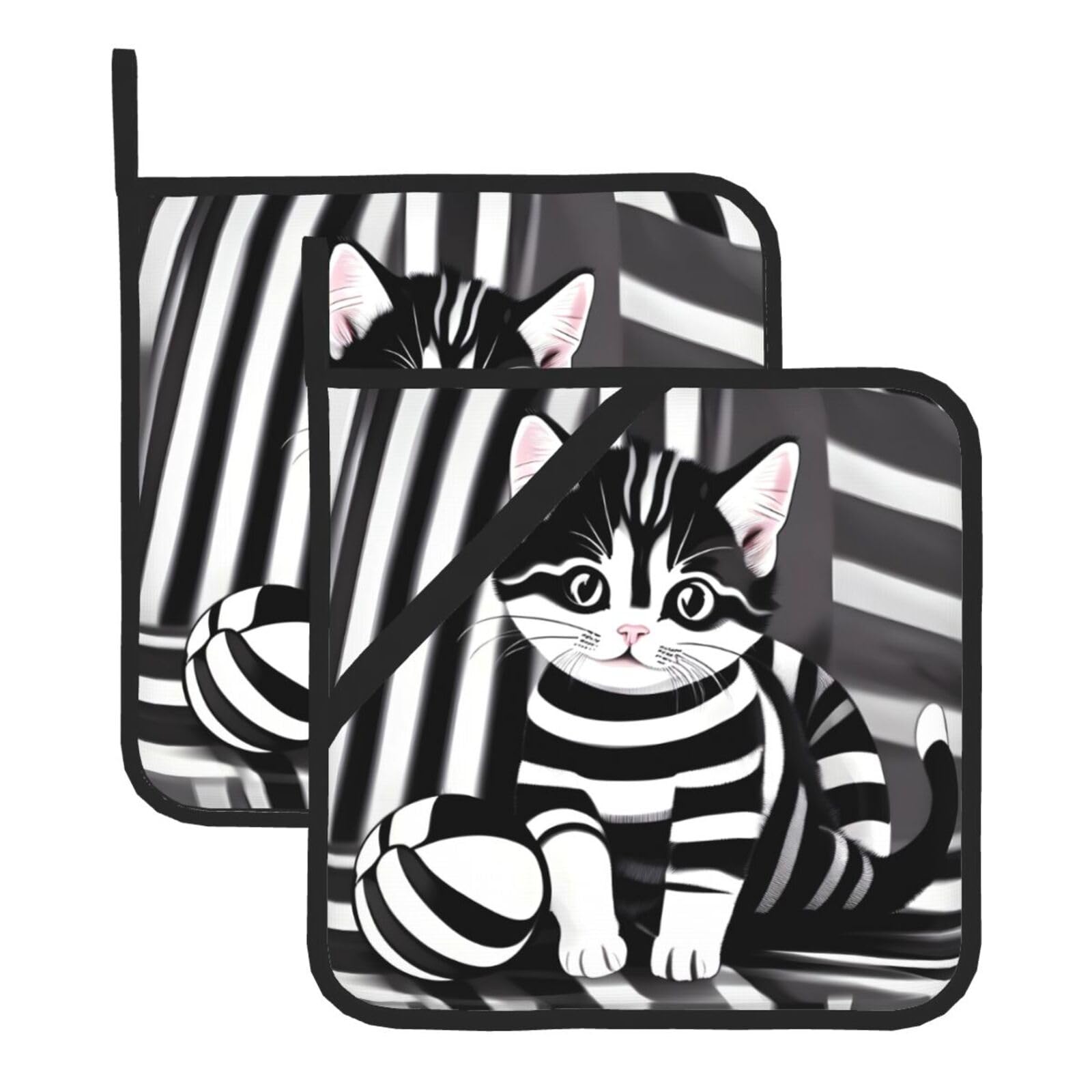 Black and white striped kitten Square Heat Resistant Trivet Set Thick and Durable for Baking Barbecue Cookware Oven