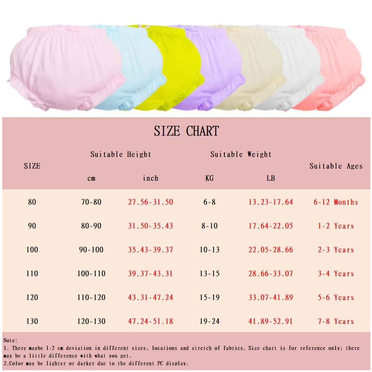 Lot de 7 Culotte en Coton Bébé Fille Bloomer Short Couvre-Couche Mignon Slips Sous-vêtements Souple Caleçon Confortable Élégant Couleur Unie avec Volants Princesse pour Enfant Bébé 6 Mois-8 Ans