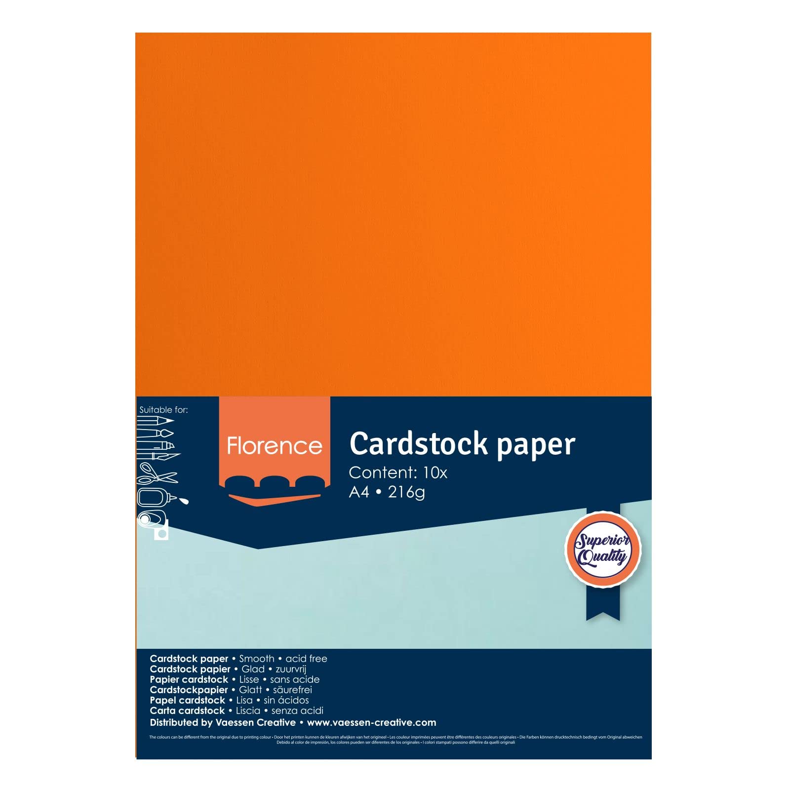 Vaessen Creative 2927-012 Florence Cardstock papier, pomarańczowy, 216 g/m², DIN A4, 10 sztuk, gładkie, do scrapbookingu, produkcji kartek, wytłaczania i innych prac ręcznych