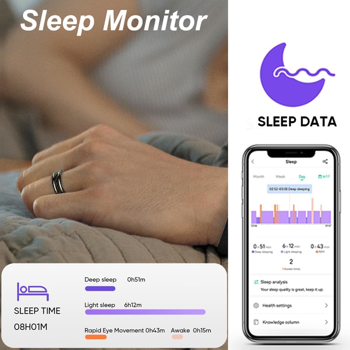Bague intelligente moniteur de fréquence cardiaque, moniteur de pression artérielle, moniteur de sommeil, d'oxygène dans le sang, podomètre, compteur de pas, compteur de calories, bague de fitness