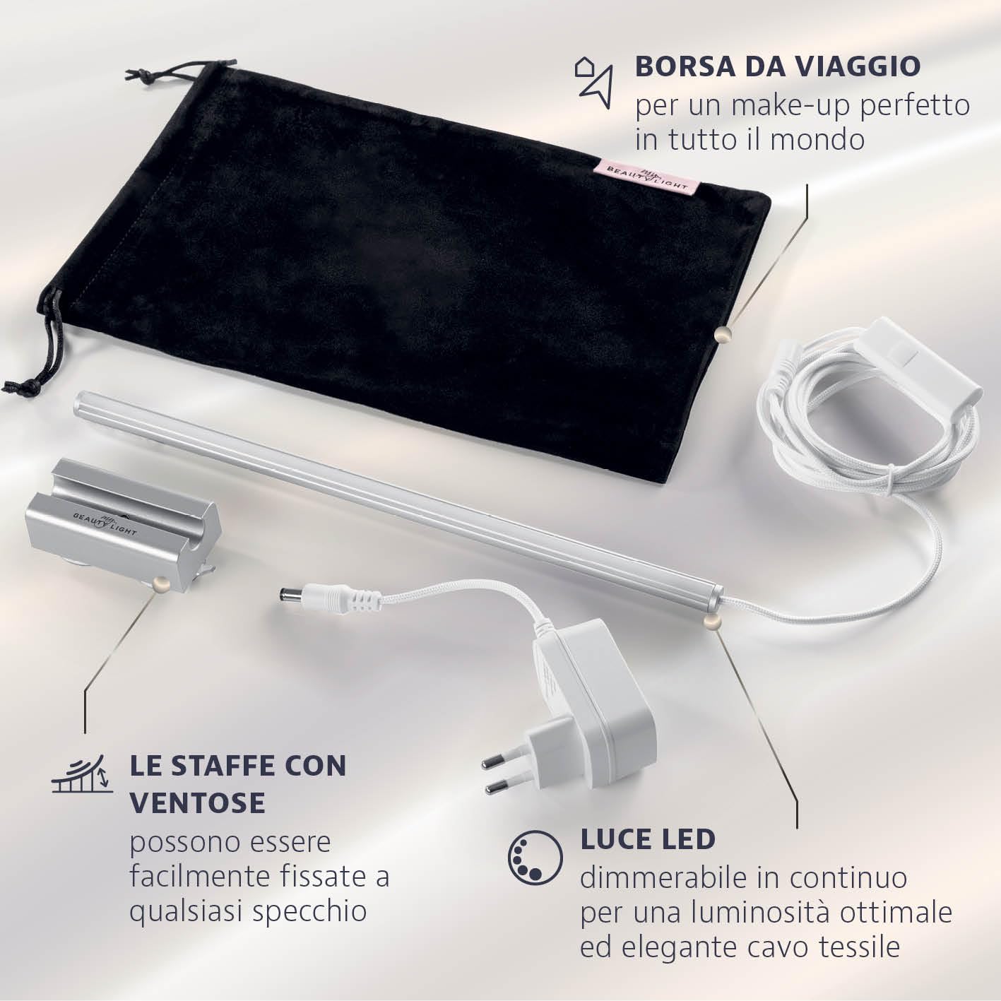 My Beauty Light® Glamour Edition 5-in-1 LED simula la luce del giorno per un make-up radioso | 5 diverse impostazioni di luce, design elegante e cavo in tessuto, facile da fissare
