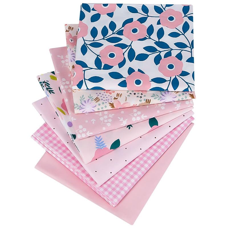 NEUJUS 7 Stück Baumwollstoff 50 x 50 cm Stoffpaket – Patchwork Stoffe Paket zum Nähen & Quilten, DIY Stoffreste Baumwollstoffe Meterware, Stoff Quadrate verschiedene Muster (7 Stück Garten Rosa)