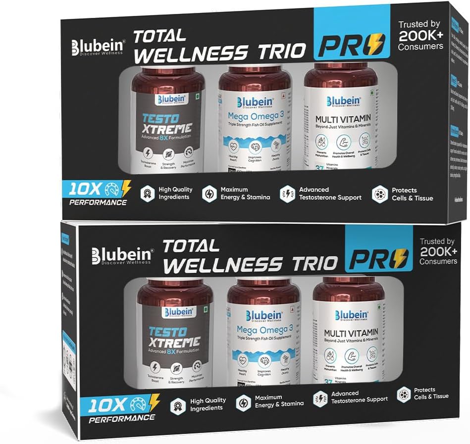 Blubein Total Wellness Trio PRO | 1250 mg Mega Omega 3 Fish Oil 60N | KSM-66 Ashwagandha 60N | Multivitamin with 37 Vital Ingredients 60N