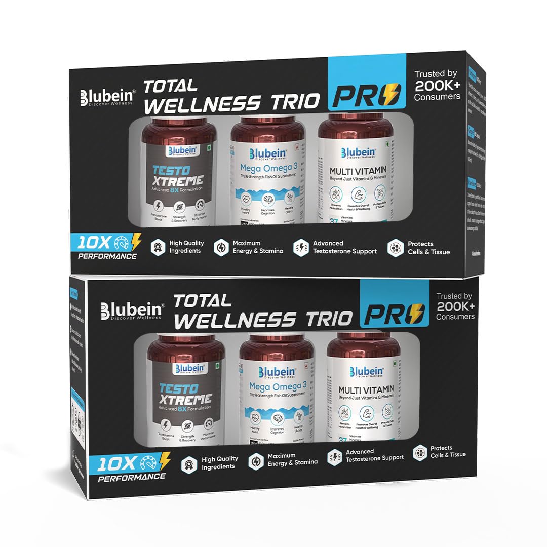 Blubein Total Wellness Trio PRO | 1250 mg Mega Omega 3 Fish Oil 60N | KSM-66 Ashwagandha 60N | Multivitamin with 37 Vital Ingredients 60N (Pack of 2)