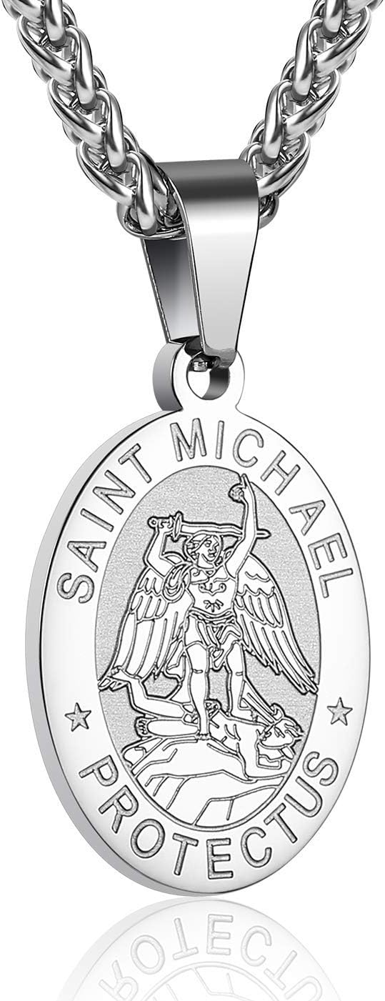 Oval Saint Christopher/Michael/Joseph/Jude/Virgin Mary/Joseph/Francis/Patrick/Anthony/Benedict/Thomas Necklace for Men Women, Stainless Steel Catholic Patron Pendant with Chain 24 Inches