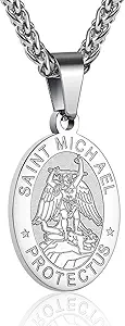 P. BLAKE Oval Saint Christopher/Michael/Joseph/Jude/Virgin Mary/Joseph/Francis/Patrick/Anthony/Benedict/Thomas Necklace for Men Women, Stainless Steel Catholic Patron Pendant with Chain 24 Inches