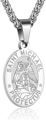 P. BLAKE Oval Saint Christopher/Michael/Joseph/Jude/Virgin Mary/Joseph/Francis/Patrick/Anthony/Benedict/Thomas Necklace for Men Women, Stainless Steel Catholic Patron Pendant with Chain 24 Inches