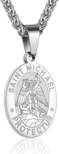 P. BLAKE Oval Saint Christopher/Michael/Joseph/Jude/Virgin Mary/Joseph/Francis/Patrick/Anthony/Benedict/Thomas Necklace for Men Women, Stainless Steel Catholic Patron Pendant with Chain 24 Inches