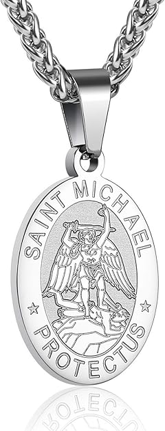P. BLAKE Oval Saint Christopher/Michael/Joseph/Jude/Virgin Mary/Joseph/Francis/Patrick/Anthony/Benedict/Thomas Necklace for Men Women, Stainless Steel Catholic Patron Pendant with Chain 24 Inches