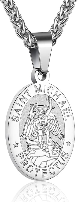 P. BLAKE Oval Saint Christopher/Michael/Joseph/Jude/Virgin Mary/Joseph/Francis/Patrick/Anthony/Benedict/Thomas Necklace for Men Women, Stainless Steel Catholic Patron Pendant with Chain 24 Inches