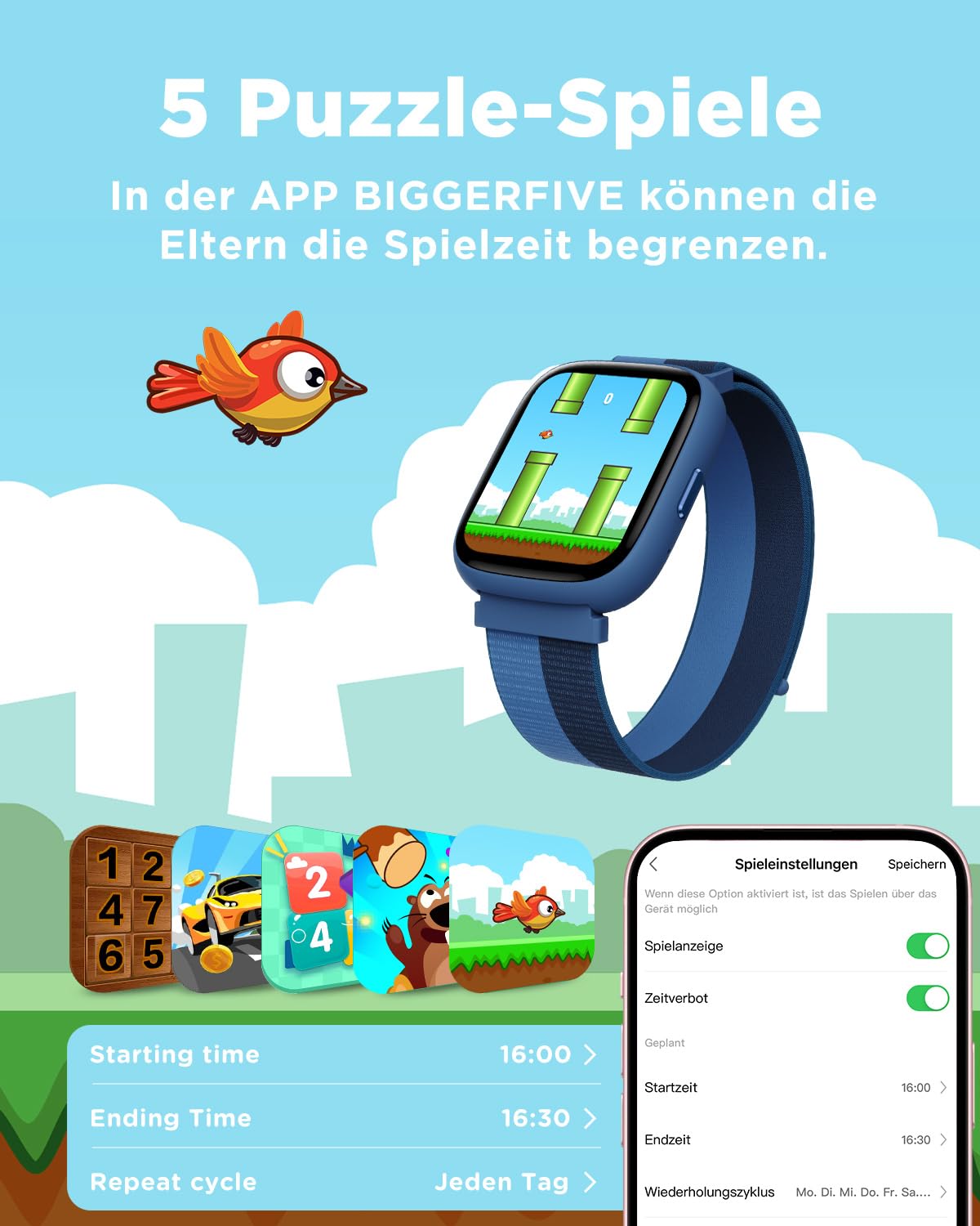 BIGGERFIVE Smartwatch Kinder 1,8" Fitness Uhr Schrittzähler 24/7 Puls IP68 Wasserdicht Schlafmonitor Wecker 5 Puzzlespiele Fitness Tracker Mädchen Jungen Teens 5-16 Nylon