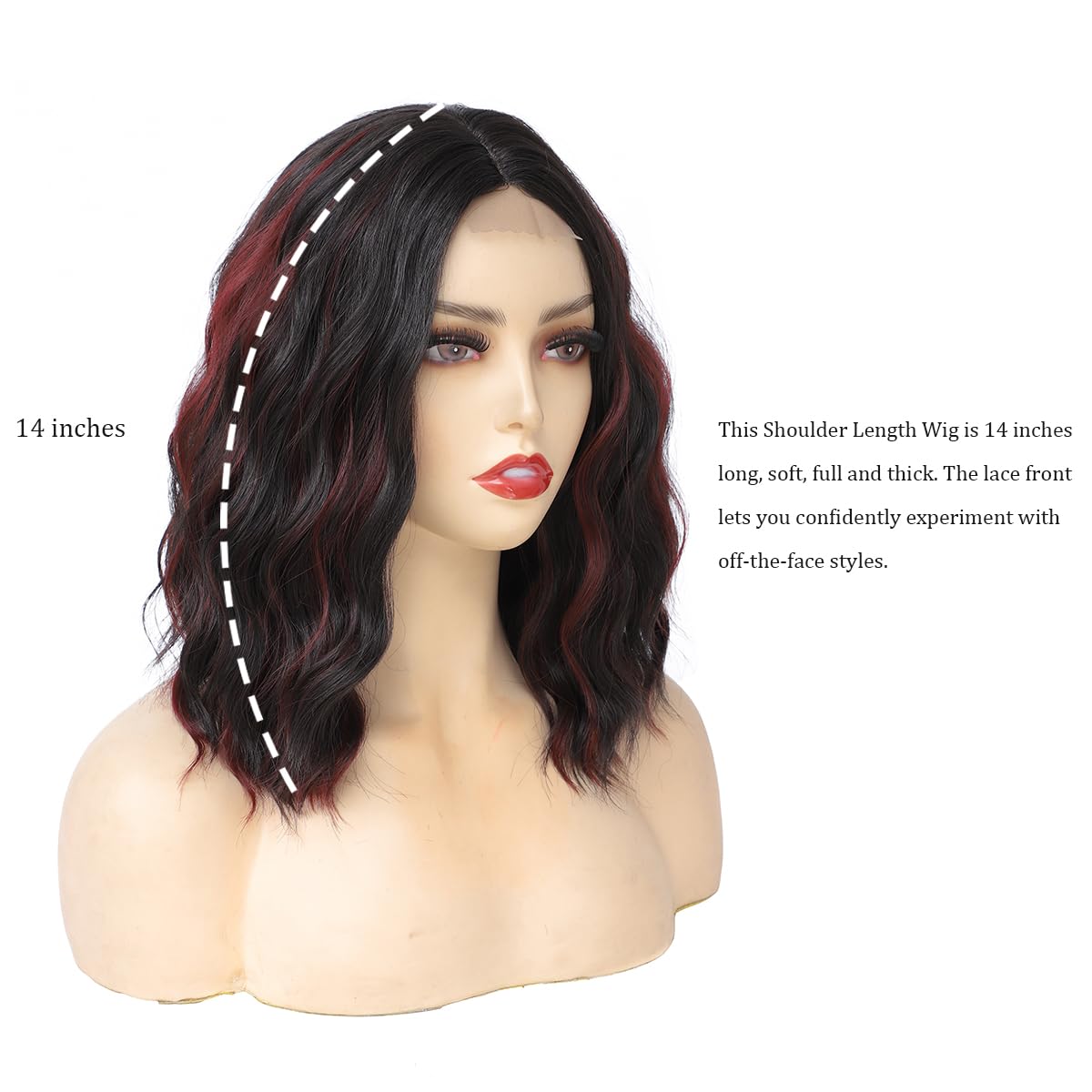BUYOGET Medium Short Wig Wavy Bob Wig Realistic Natural Lace Front Scalp Adjustable Synthetic Shoulder Length Curly Wigs for Women Black Mix Red - Image 2
