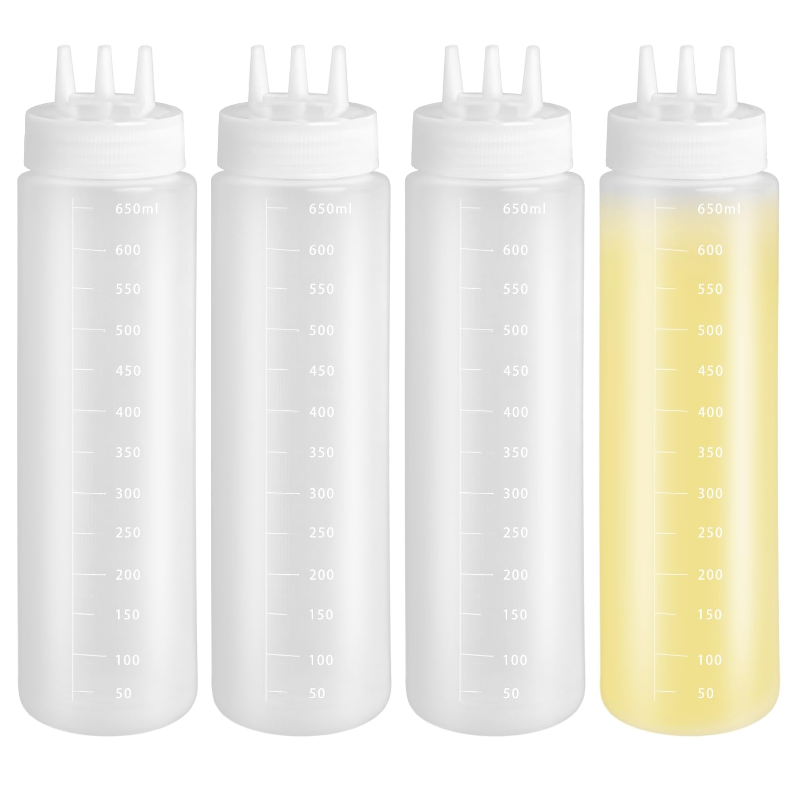 Generisch 4 butelki do sosów z 3 otworami, butelki do wyciskania 650 ml ze skalą, butelki do dressingu z dyszą trójstożkową, butelki z tworzywa sztucznego na syrop, ketchup, dressing, olej i miód