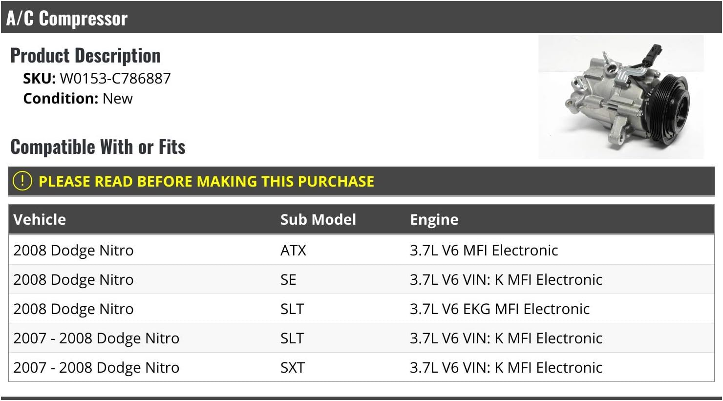 A/C Compressor - Compatible with 2007-2008 Dodge Nitro 3.7L V6
