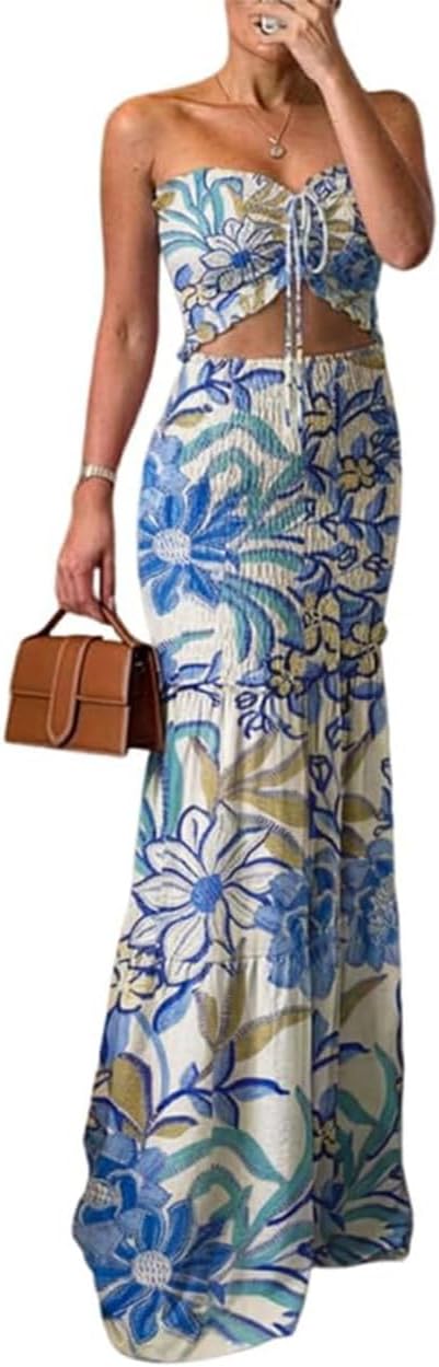  Floral Vacation Dress Halter Tie Ruched Womens Maxi Dress