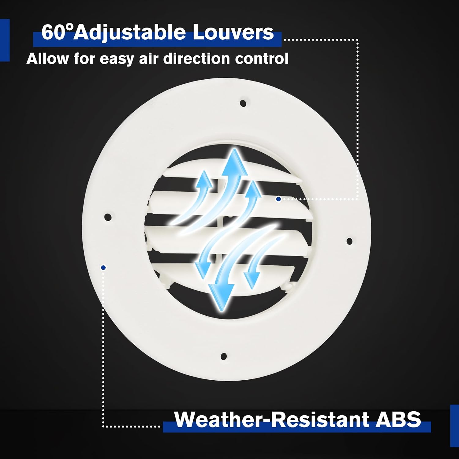 6.5" RV Ceiling Vent Covers for Inside Camper, ABS Round RV Air Conditioner Ceiling Vent Deflectors with Fully Adjustable Rotatable Louver for Directional Airflow, Fits 4-5/8" Ducts, White