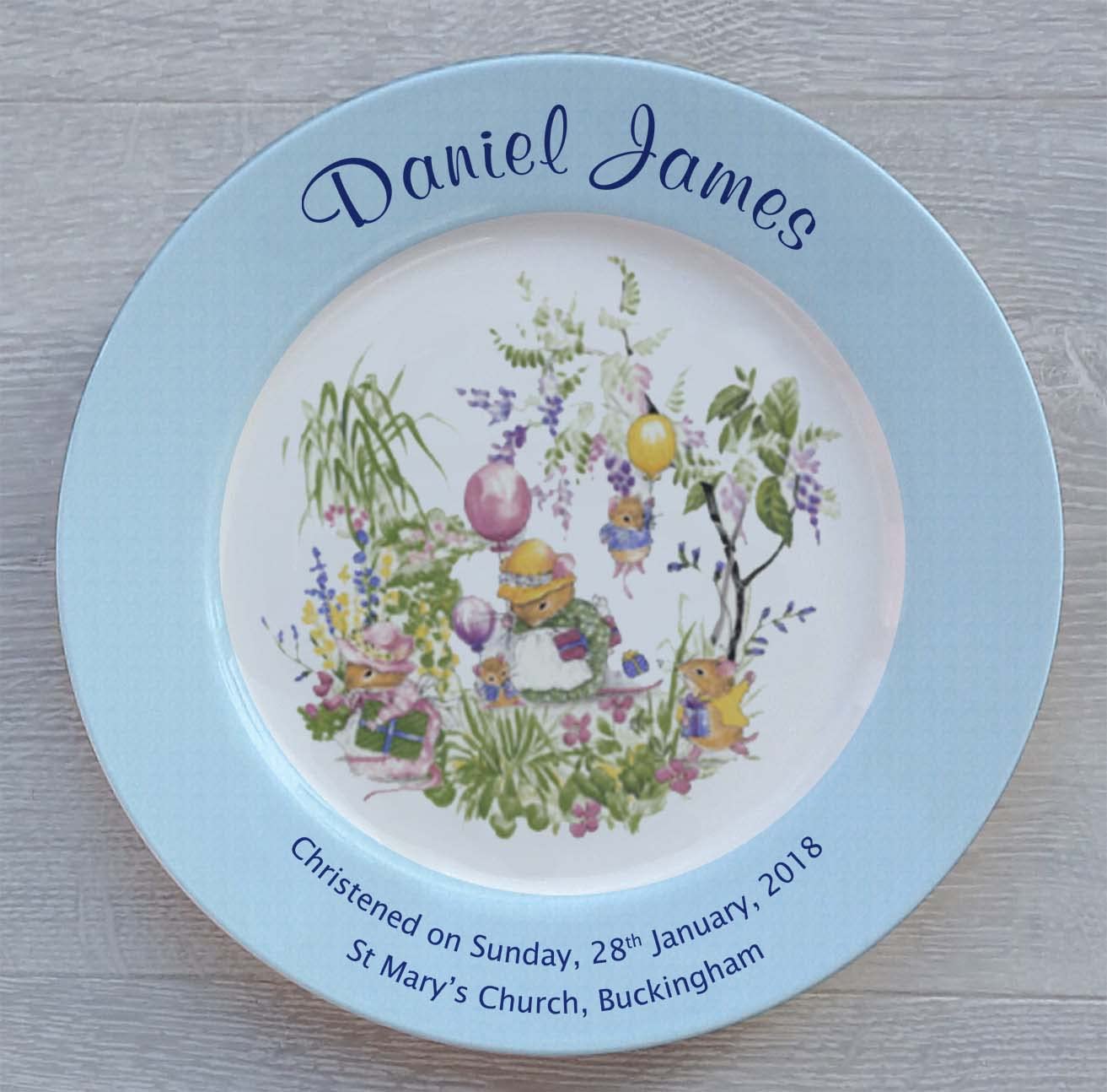 All About Names Personalised Christening Plate - Mousekins Design On A Bone China Plate With A Blue Rim - Now With Choice Of Fonts