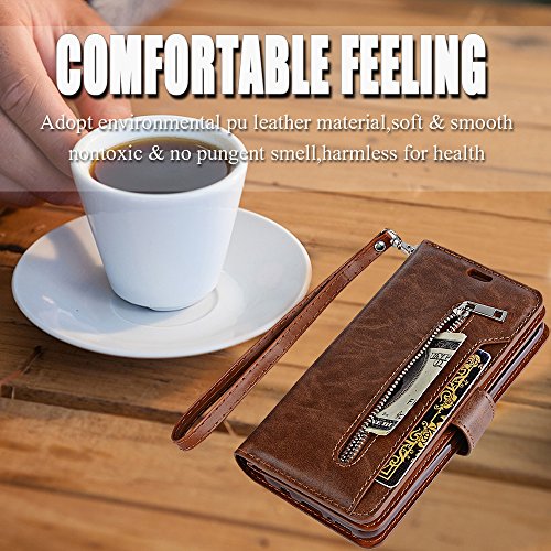 Galaxy S7 Wallet Case For Women/Men,Auker Trifold 9 Card Holder Premium Folio Flip Leather Magnetic Wallet Case With Strap Full Body Protective Zipper Pocket Purse Case For Samsung Galaxy S7 Brown #TOP6