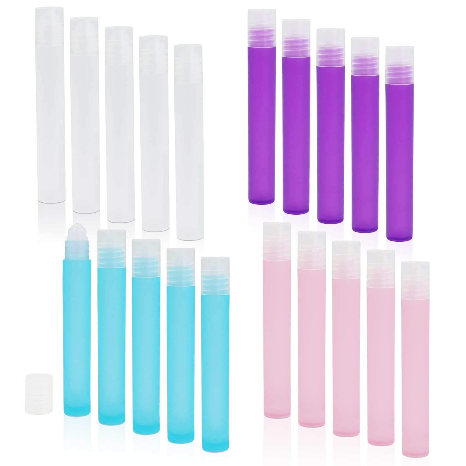 Huakaile 20pcs Colorful Essential Oil Roller Bottles with Lids, Frosted Roll on Bottles Refillable, Perfume Sample Roller Bottles Empty for Travel, Aromatherapy, Lip Gloss Balms (10ml)