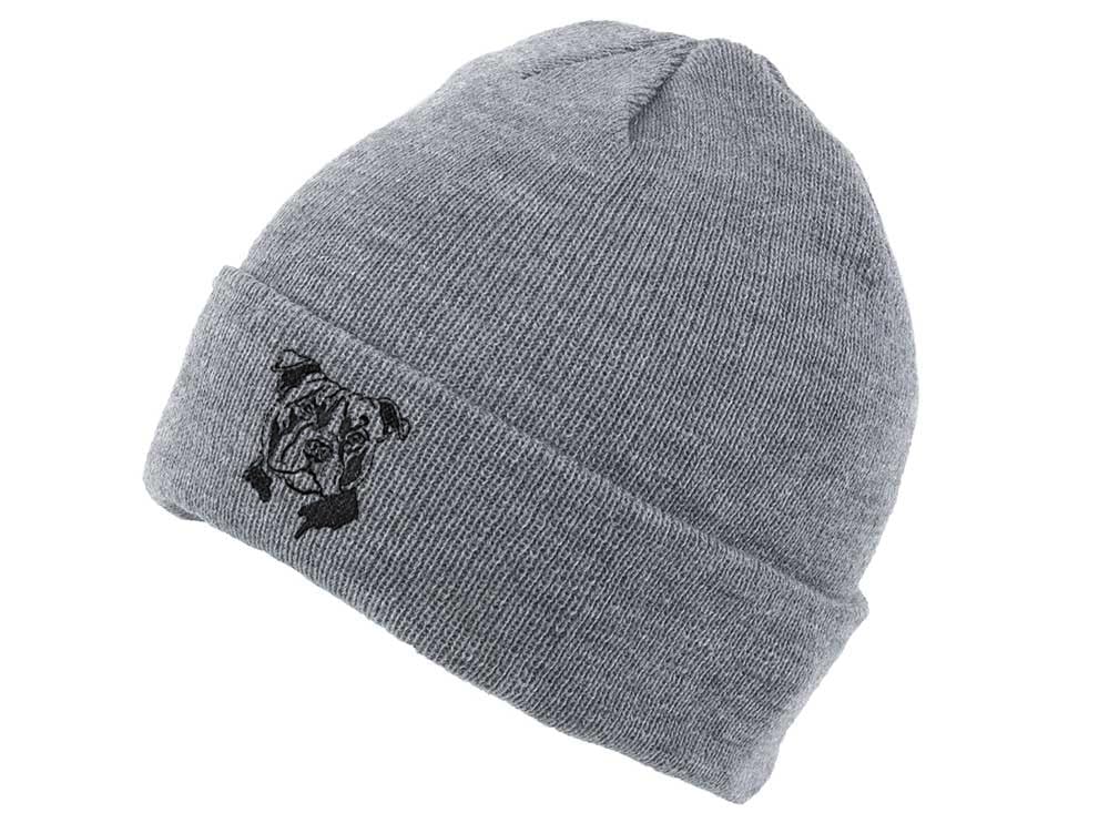 The House Of Dog: Staffy Staffordshire Bull Terrier Owner Gift. Classic Cuffed Unisex Beanie Ski Hat with Embroidered Design. Grey