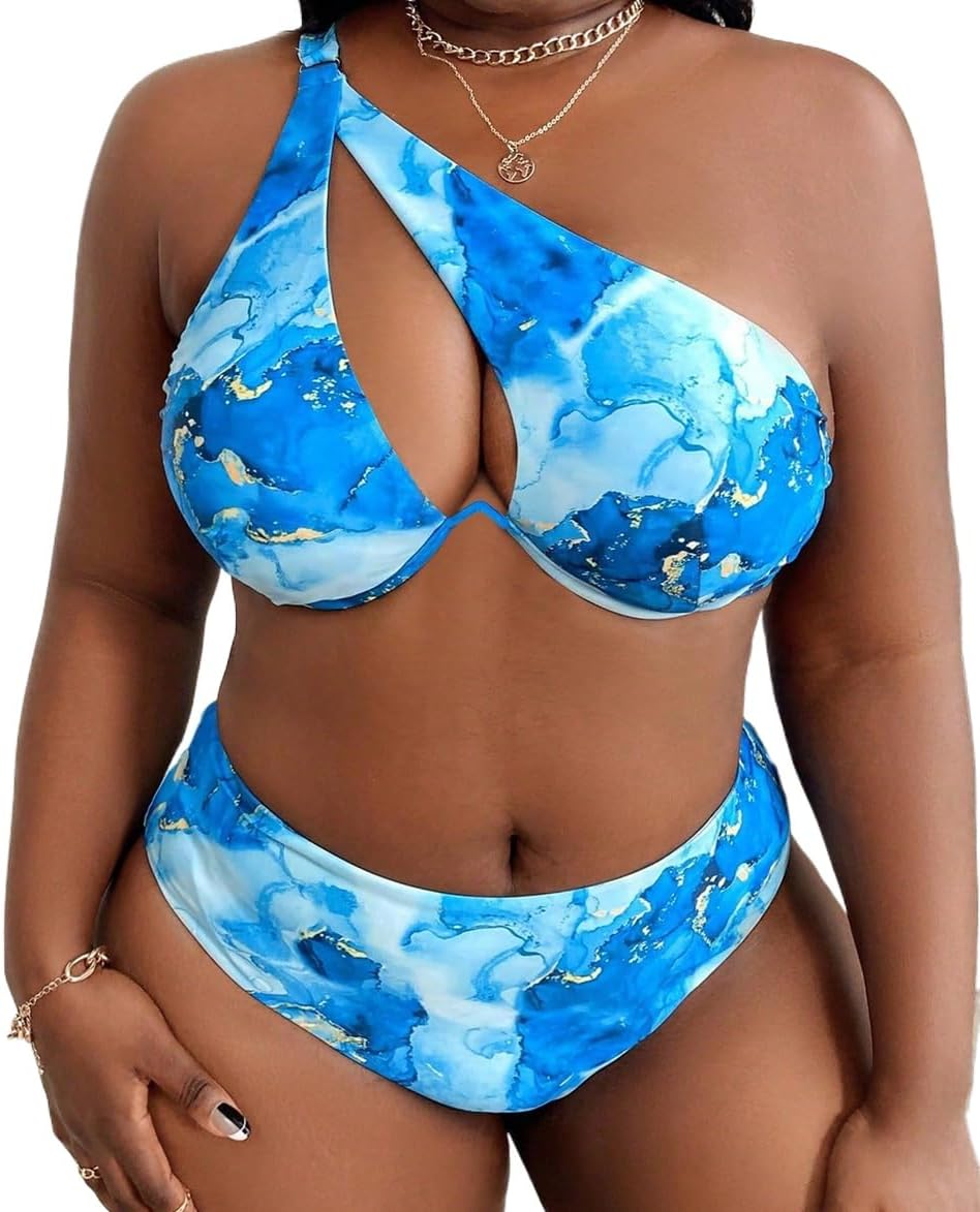 Women's Oversize 5XL Marble Print Two-Piece Swimsuit, Criss-Cross Top with High-Cut Bottom Bikini Plus Size 4XL Swimwear